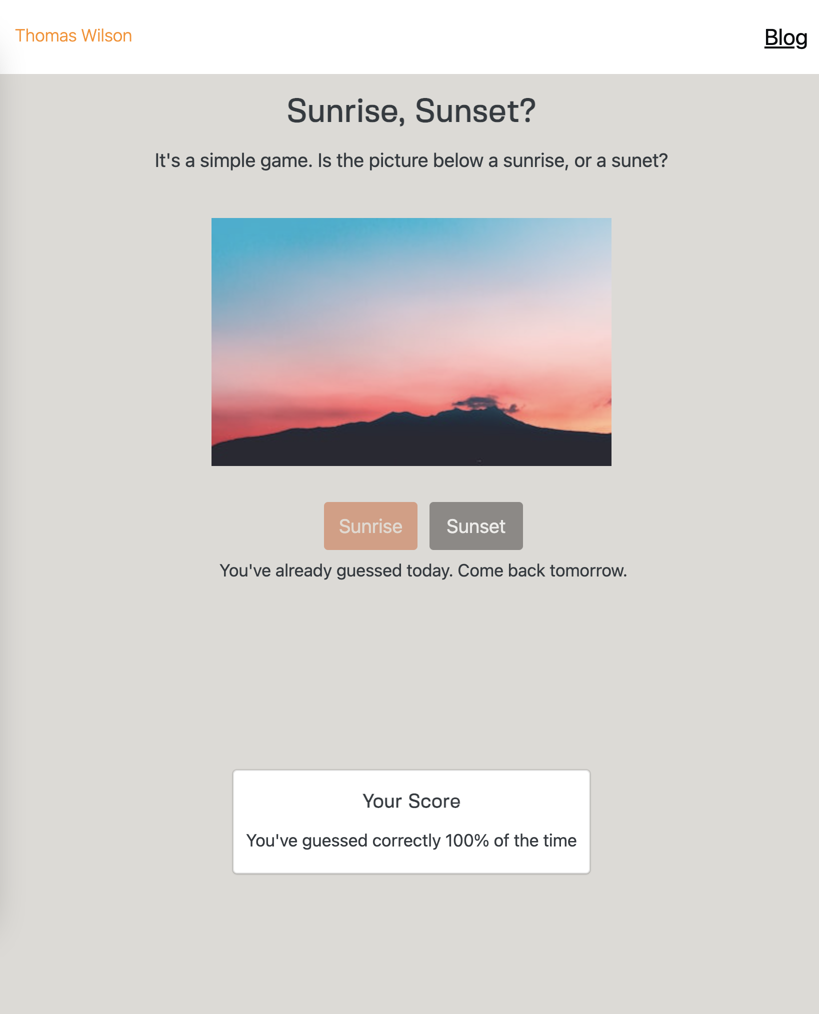 A screenshot showing updated styles of the Sunrise Sunset game